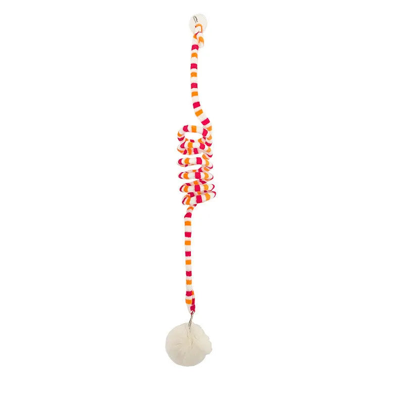 Cat toy with colourful inflatable bell ball on flexible wand and suction cup for door mounting