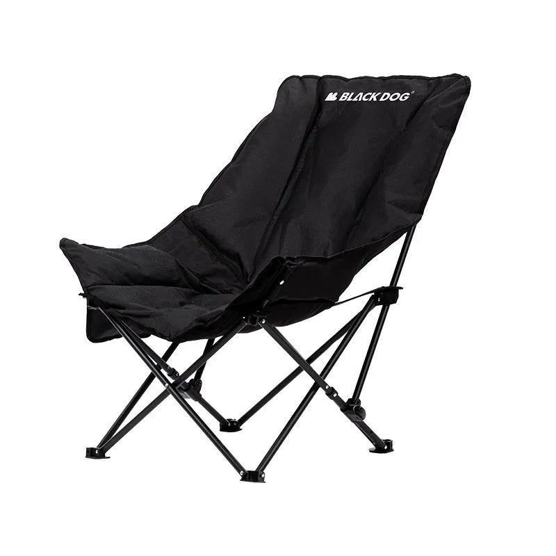 Night Black portable folding moon chair for outdoor camping and beach use.