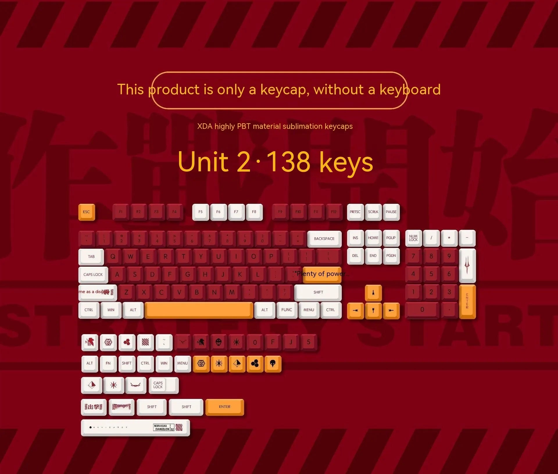 Set of 138 PBT sublimation printed key caps for a mechanical keyboard on a desk.