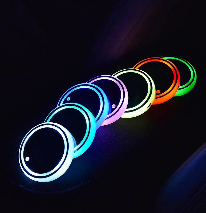 LED light-up car cup holder coaster with multicolour illumination in vehicle