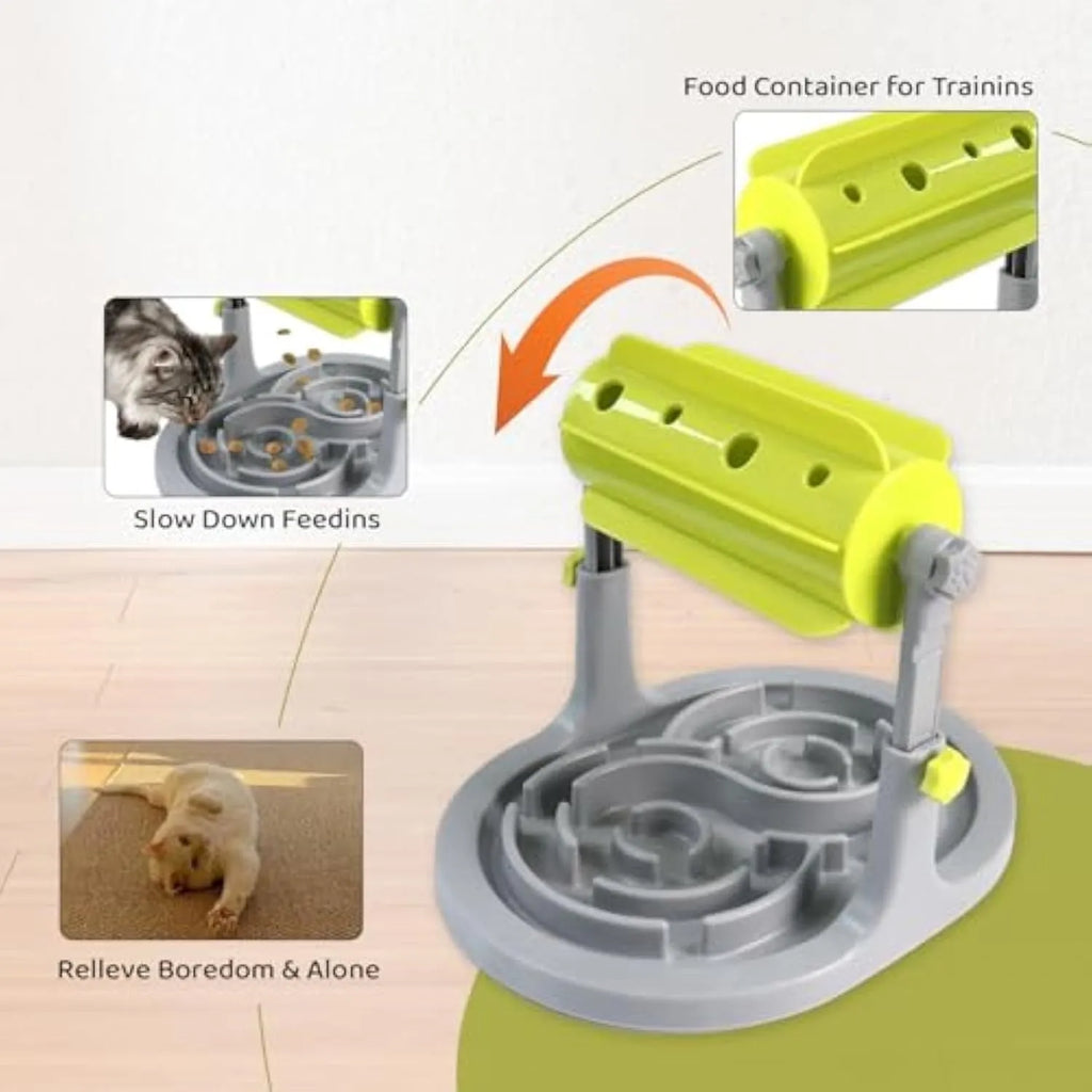 Blue interactive pet slow feeder bowl with adjustable height and puzzle design