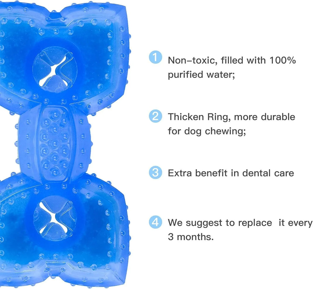 Freezable dog chew toy in bones shape with hollow centre for treats, shown next to a circles-shaped version.