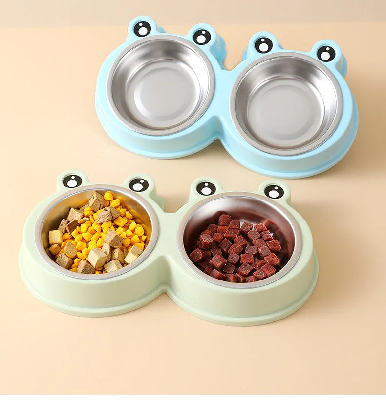 Stainless steel double pet bowl set with frog-shaped non-skid base in blue colour