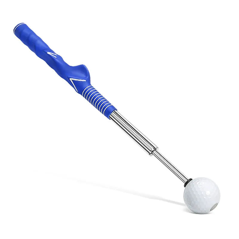 Stainless steel telescopic golf swing simulator trainer on a plain background