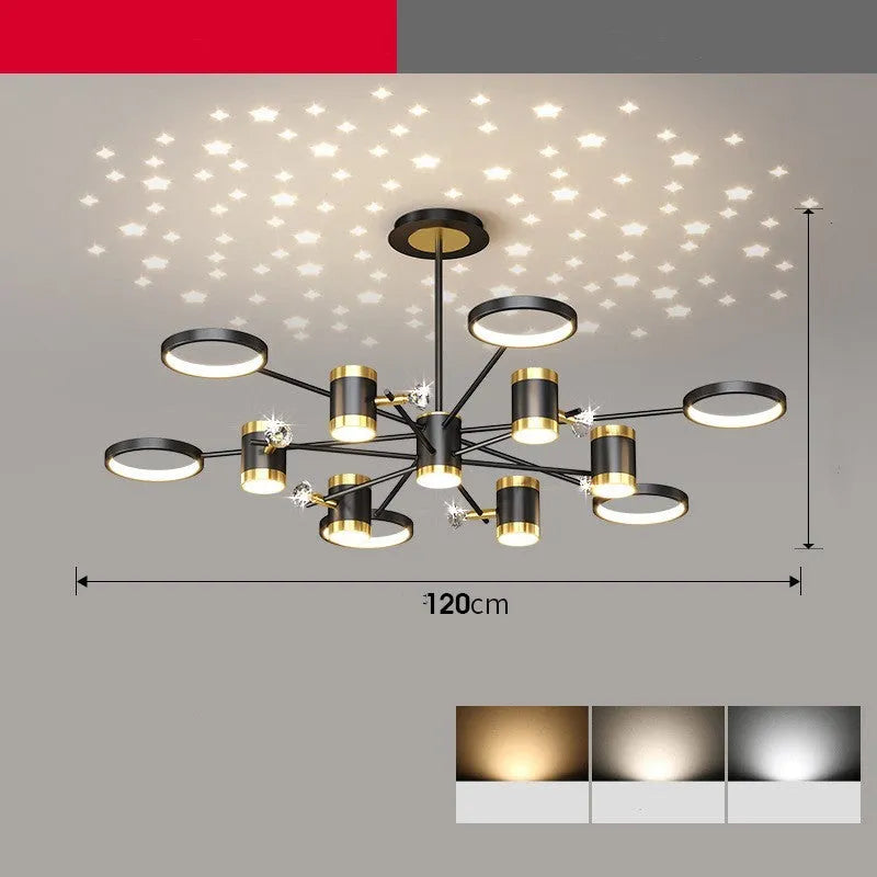 Black iron pendant lamp chandelier with 13 light heads and remote control, 1000mm diameter