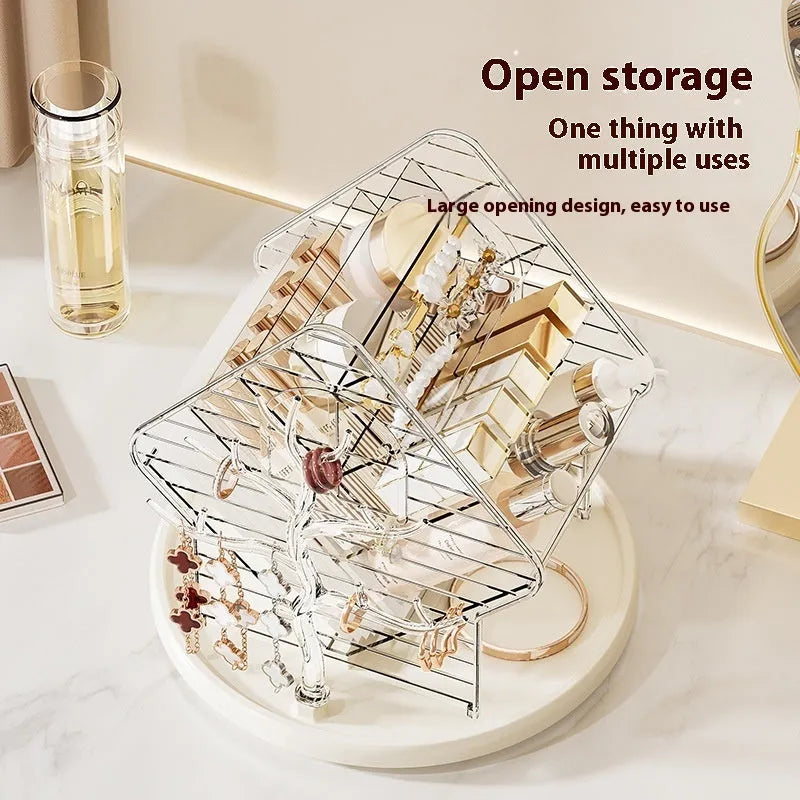 Rotating cosmetics storage box with 360-degree rotation in clear and amber gold plastic