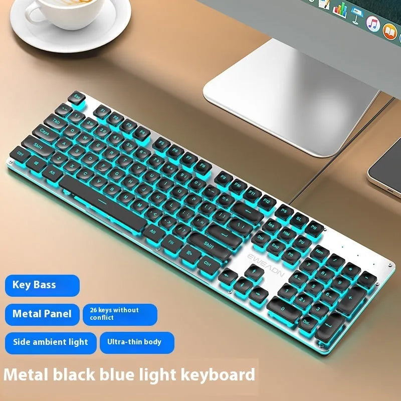 Wired mute keyboard with mechanical feel keys, shown in a Metal Black case with blue LED backlighting.