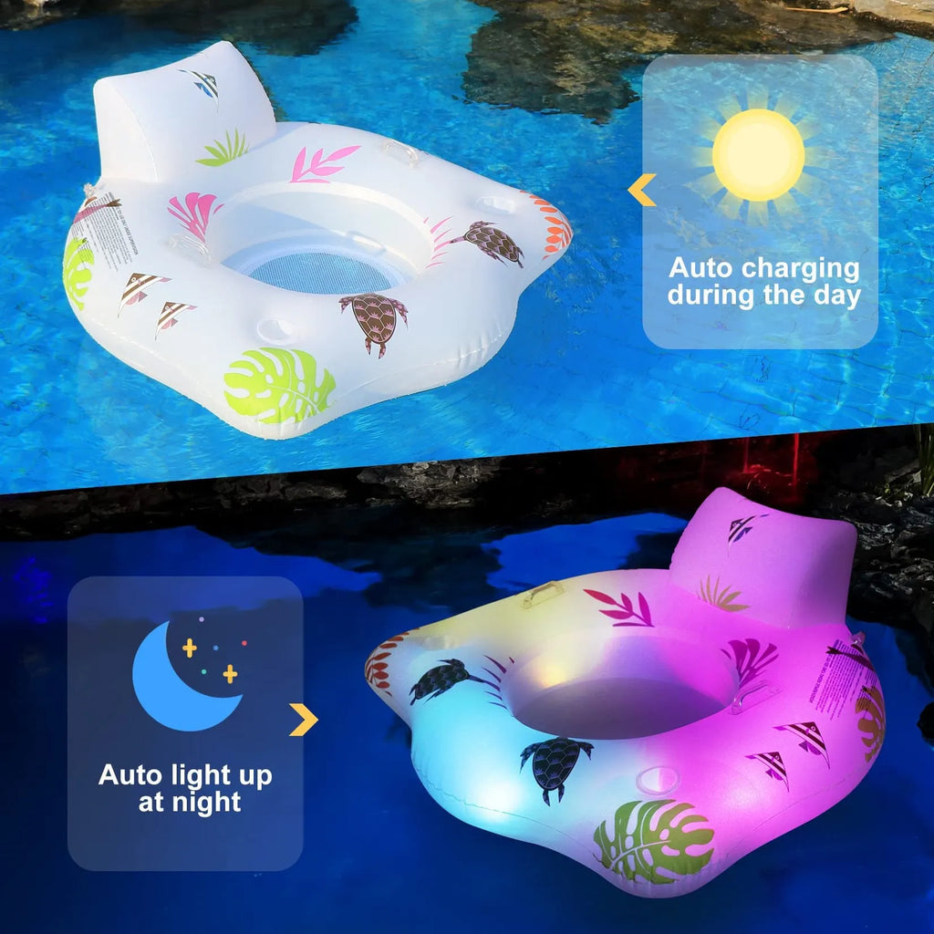 White U-shaped inflatable float with luminous features floating in water