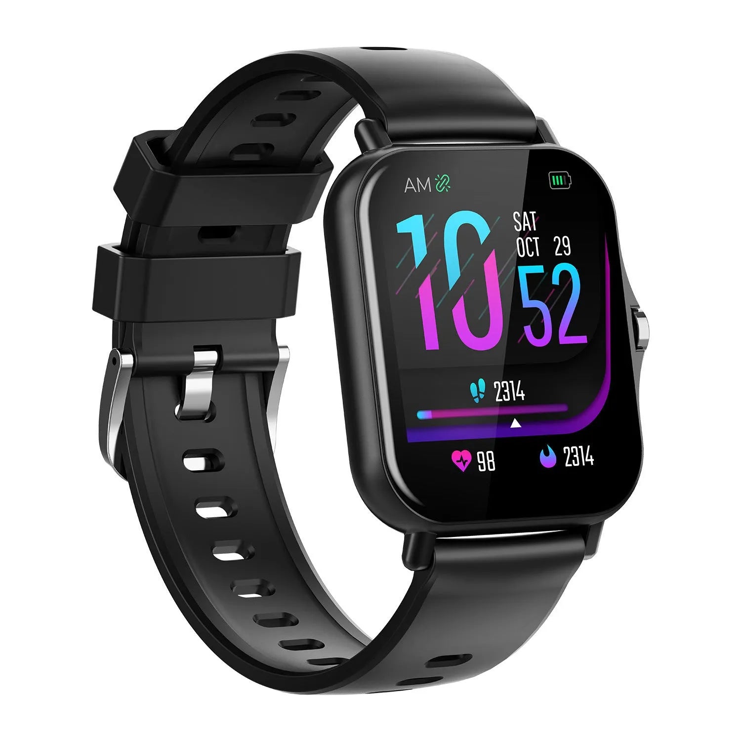 W10 smart watch in black showing heart rate display on its 1.75-inch curved touch screen.