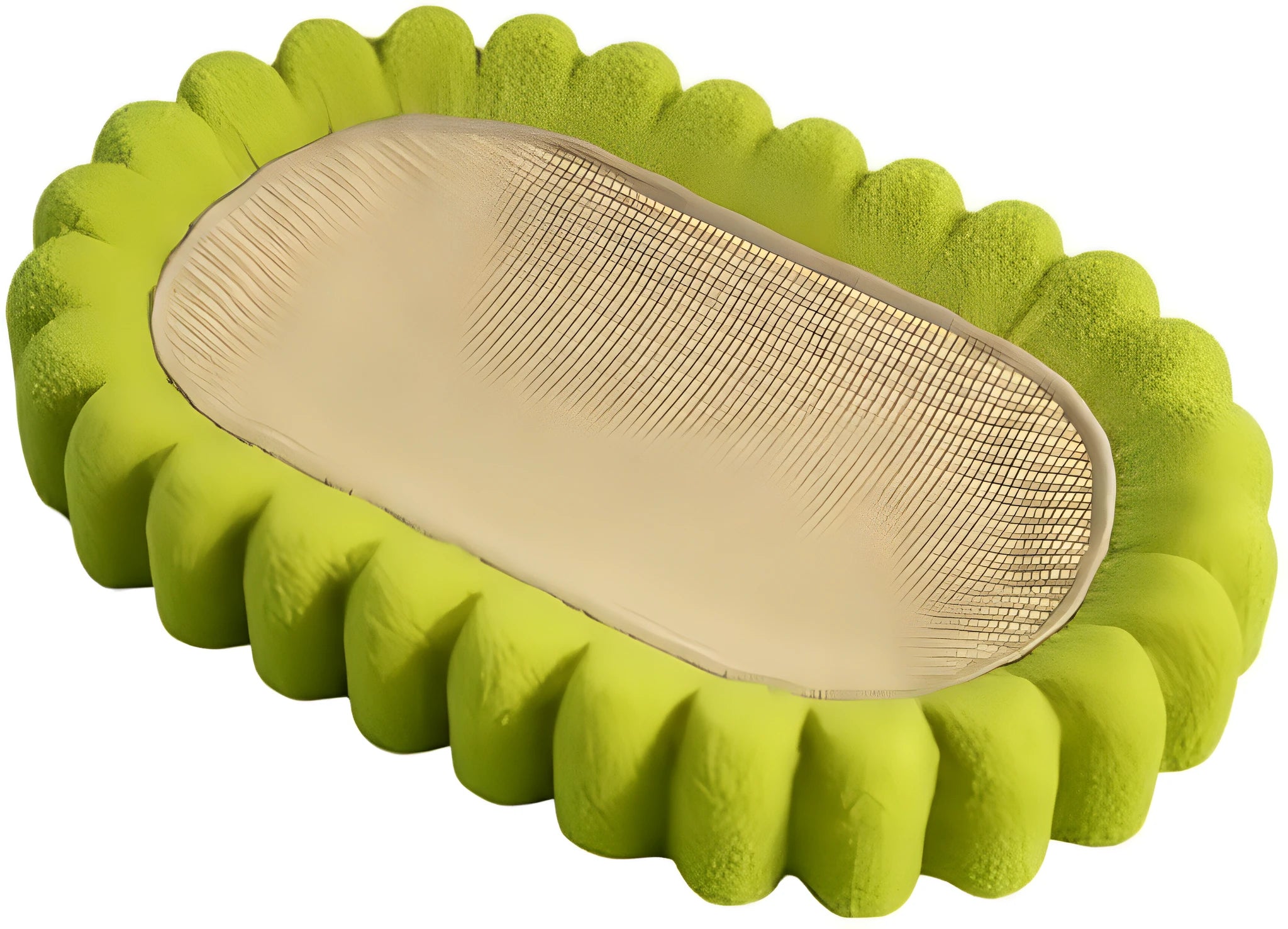 Green oval cat scratcher bowl bed with sisal scratching surface measuring 65cm
