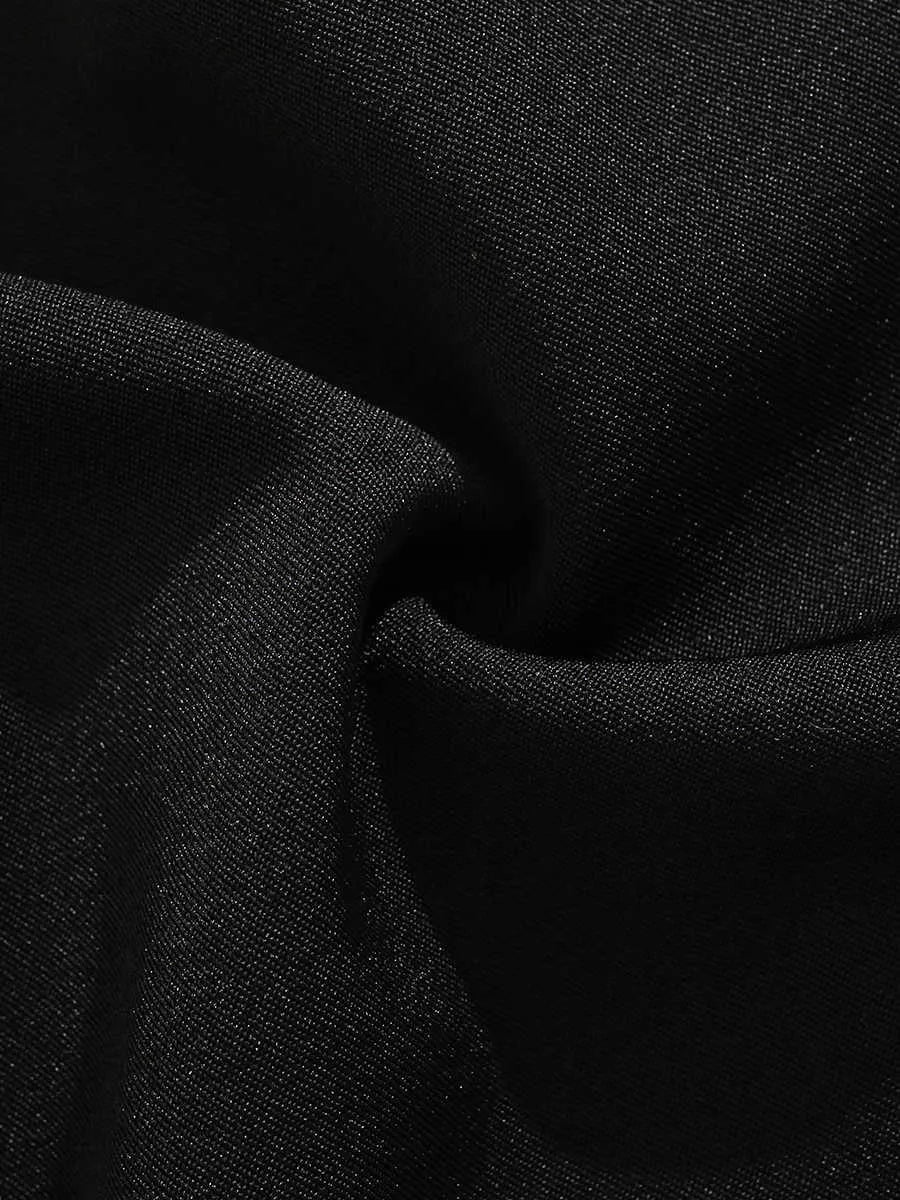 Men's black loose-fit straight-leg shorts with a semi-elastic waistband and zipper fly.