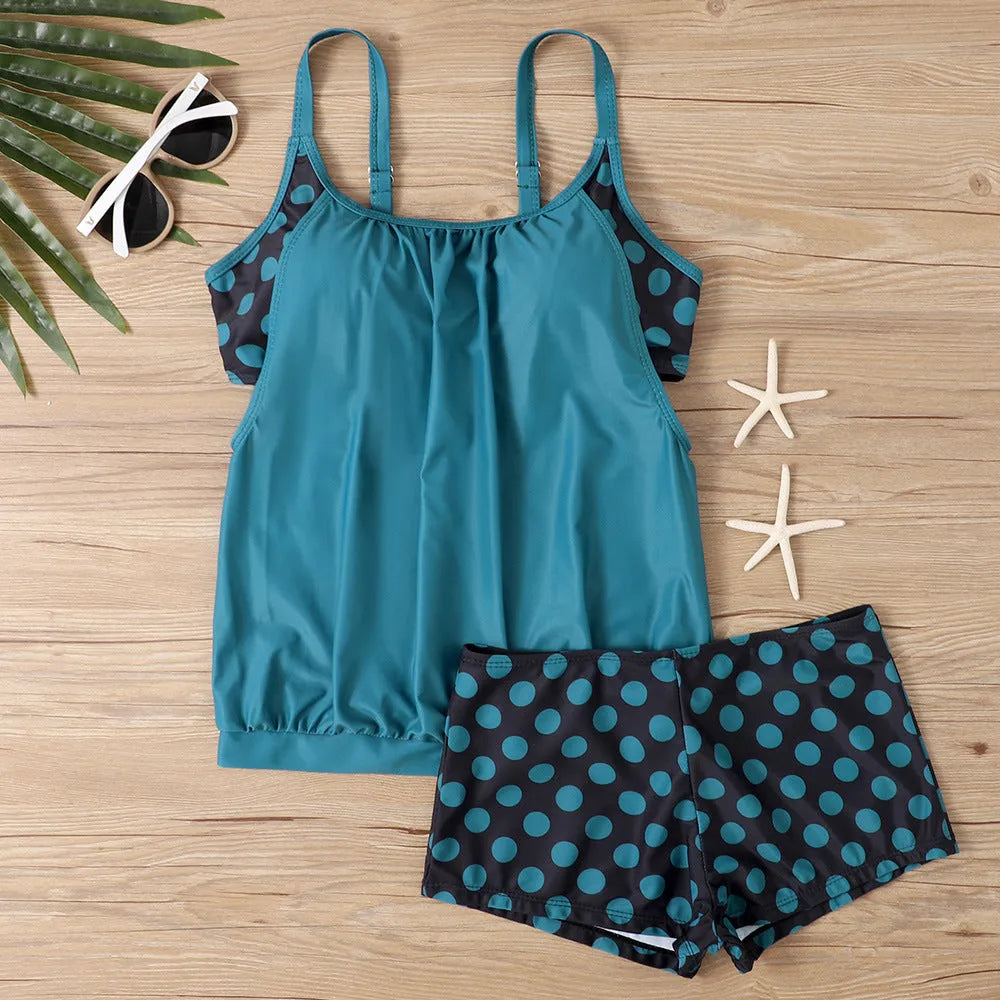 Women's split printed polka dot boxer swimsuit briefs in high-waist conservative style