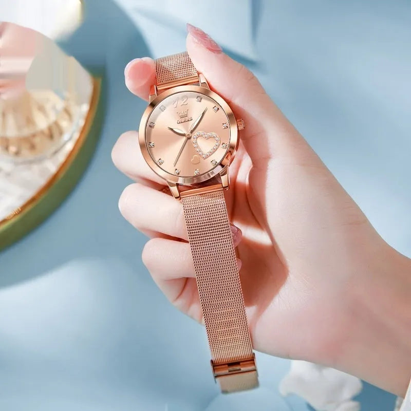 Women's fashion watch with mesh strap and rose shell case in six dial colour options