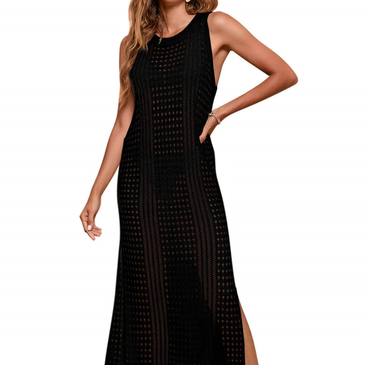 Long loose solid colour hollow-out knitted beach blouse for women shown in apricot.