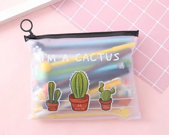Set of twenty black 0.5mm gel pens with cartoon cactus designs in a plastic storage case measuring 21x17 cm