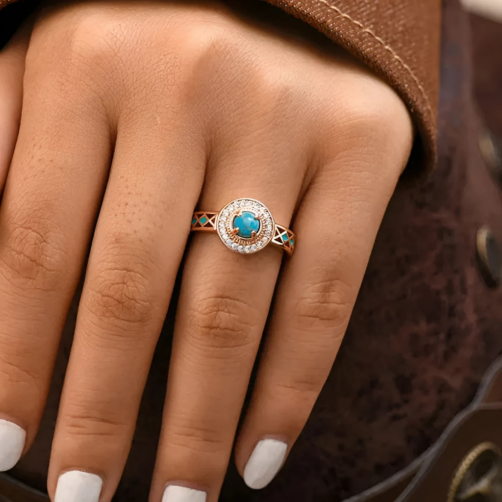 Women's turquoise ethnic style copper ring with oil micro inlaid zircon geometric design in rose gold colour