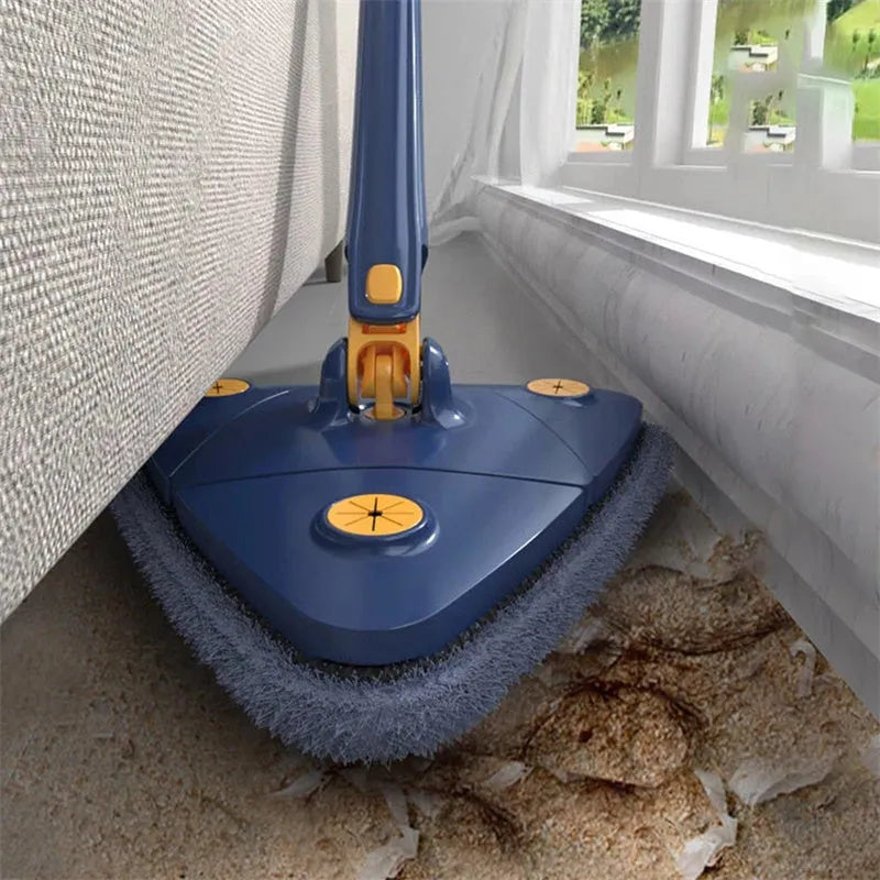 Blue triangular cleaning mop with 360-degree rotating head and adjustable stainless steel pole extended for use