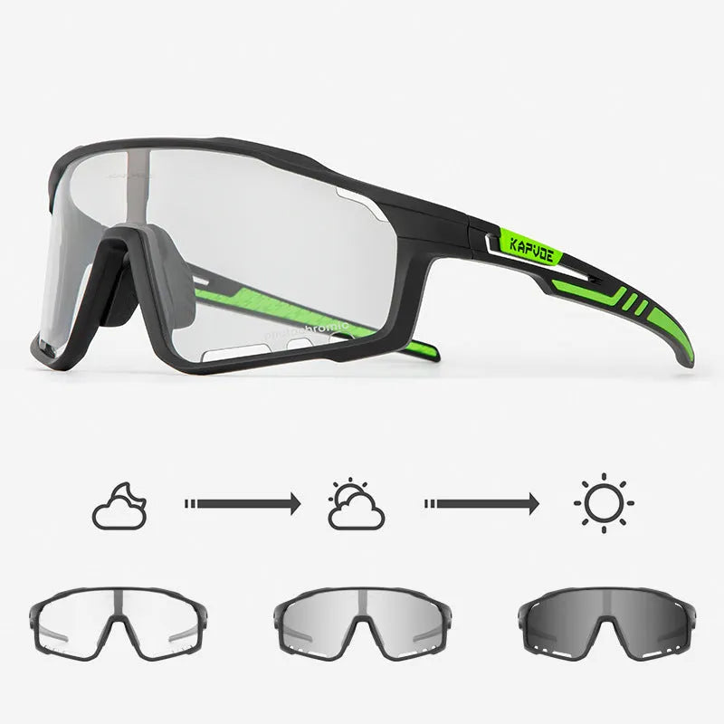 Semi-rimless photochromic cycling glasses with a TR90 frame, shown in a sport setting.