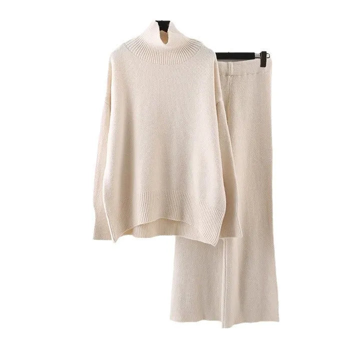 Women's casual two-piece set featuring a long sleeve sweater and wide leg trousers in a solid colour.