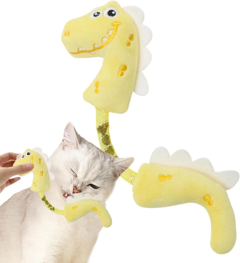 Set of four colourful plush cat toys including a mouse, fish, bunny, and chew toy on a white background.