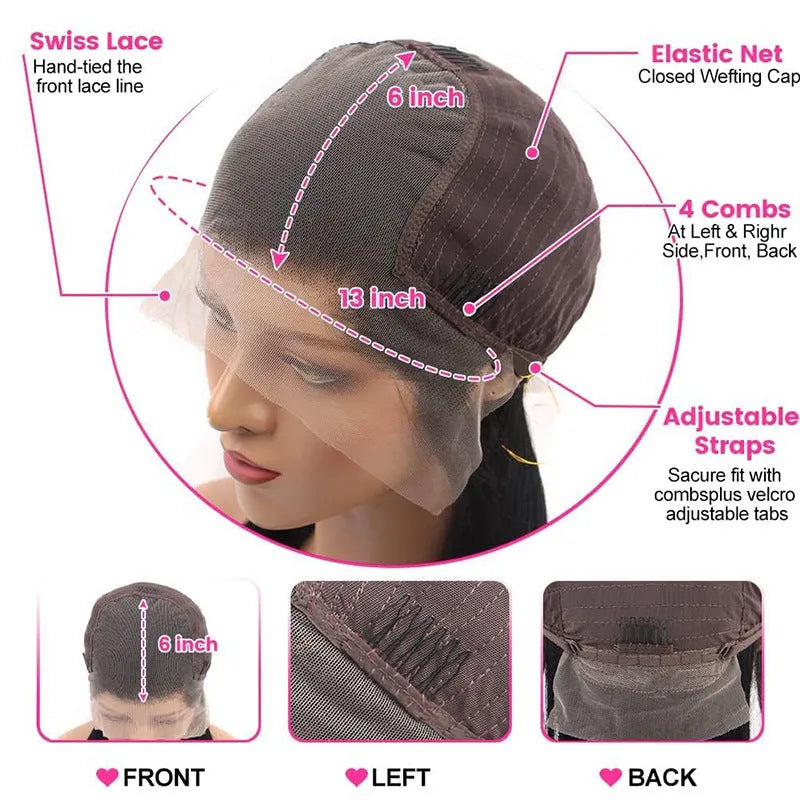 Black straight human hair wig with 13x6 transparent lace front, shown in long length.