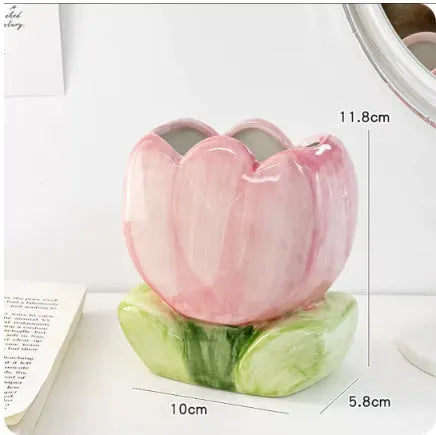 Ceramic flower pen holder storage box with floral pattern, dimensions 11.8x5.8x10cm
