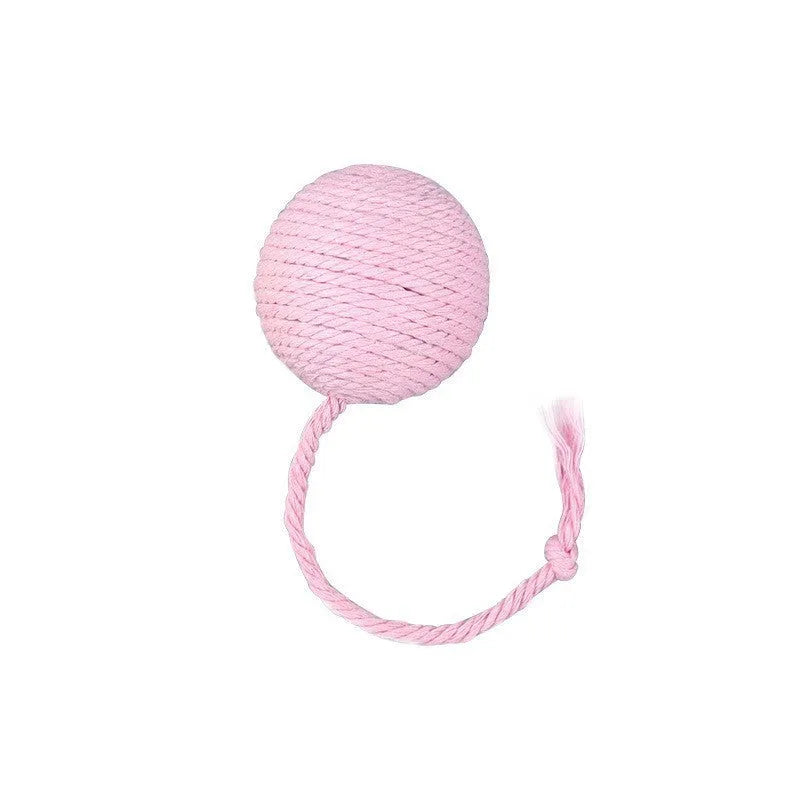 Colourful cat toy ball with rope handle and built-in bell for interactive play