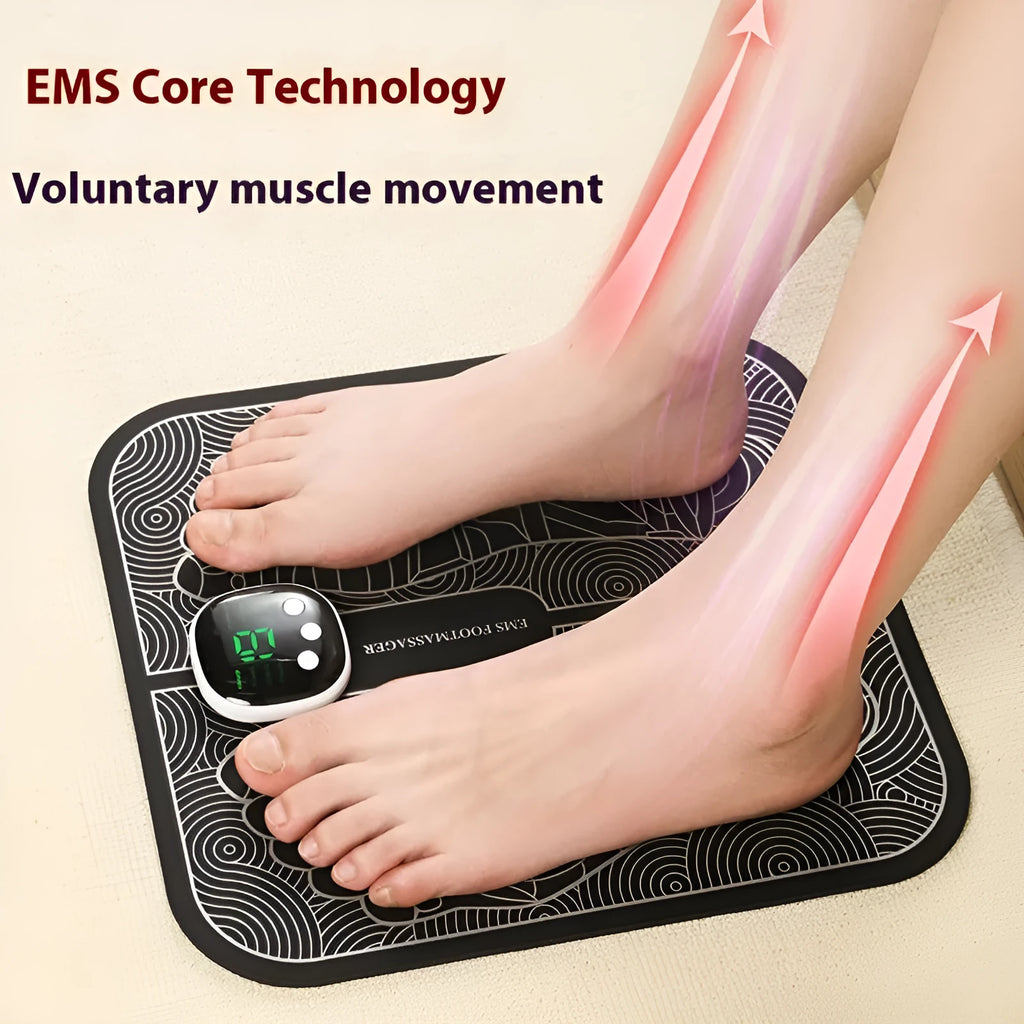 Rechargeable reflexology foot massager mat with remote control on a wooden floor.