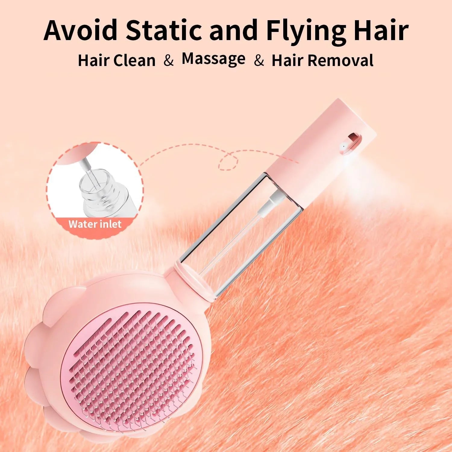 Grey spray cat brush with a release button and water tank for grooming pets.