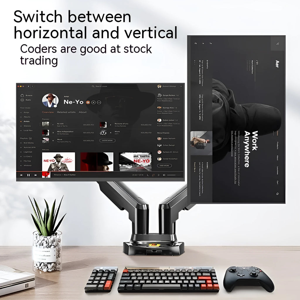 Dual screen lifting monitor bracket made of aluminium alloy and black plastic for VESA mounts.