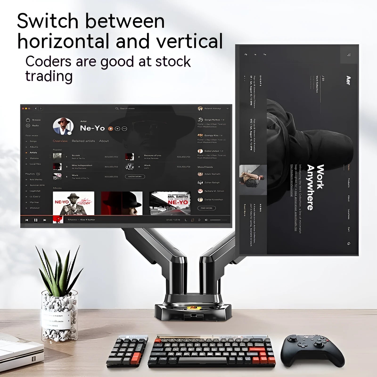 Dual screen lifting monitor bracket made of aluminium alloy and black plastic for VESA mounts.