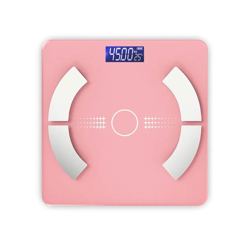 Smart Bluetooth rechargeable body fat scale in white, black or pink colours on bathroom floor