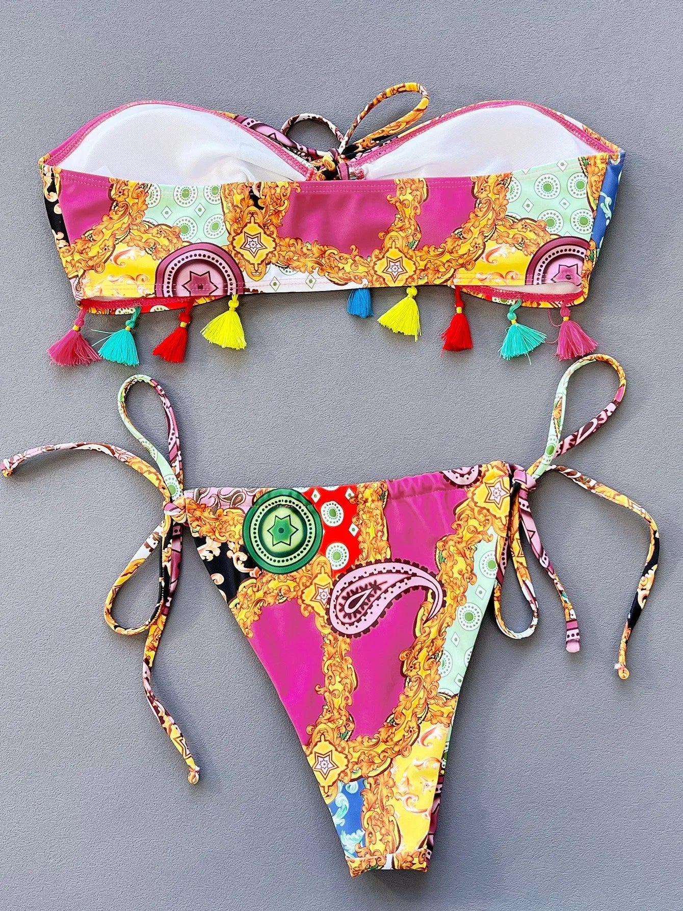 Women's printed polyester tube top bikini set with briefs for swimming sports