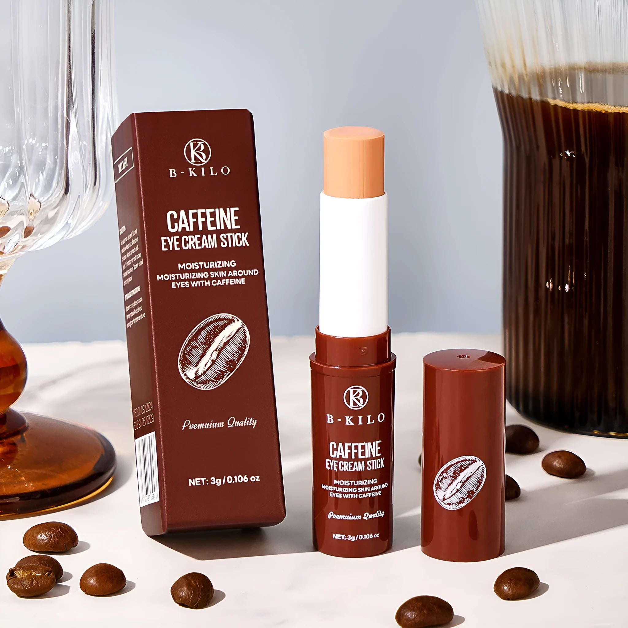 Caffeine eye cream stick in portable applicator for under-eye treatment of fine lines and dark circles