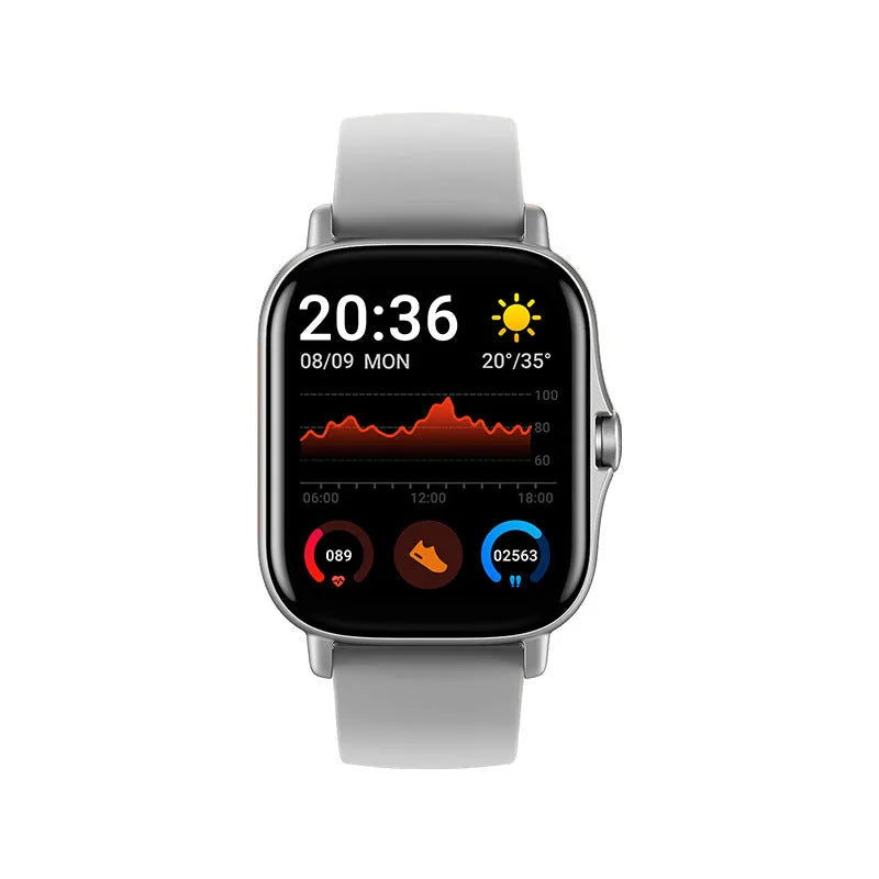 GT20 smartwatch with alloy case and silicone strap showing touch screen display