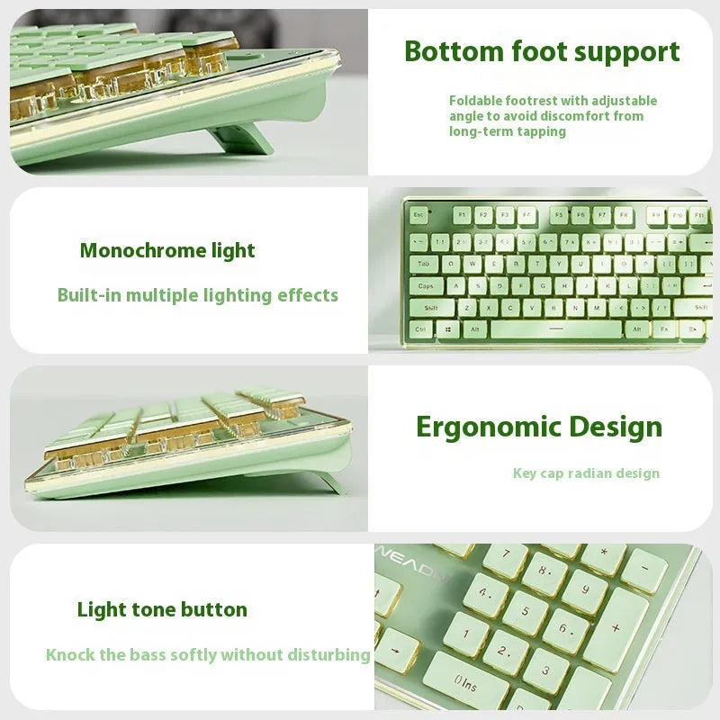 Prewalker V3 mute mechanical feeling keyboard and mouse set in retro green colour on a desk.