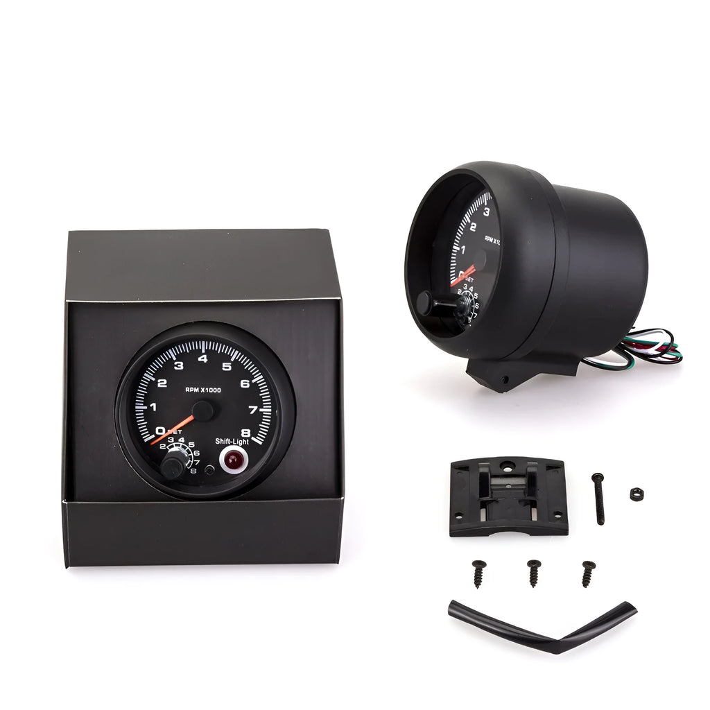 Blue laser automotive tachometer with digital display showing 0-8000 rpm range