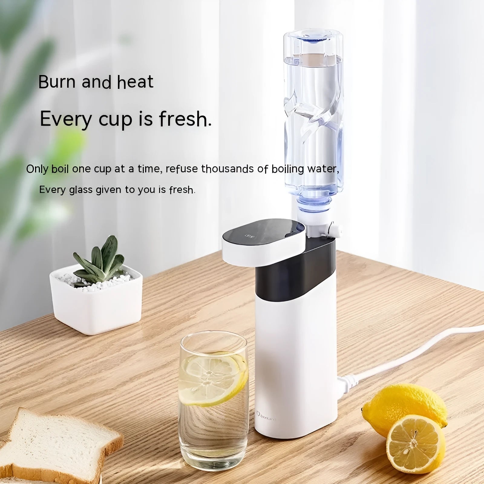 Black or green small instant water dispenser with digital display on a desktop.