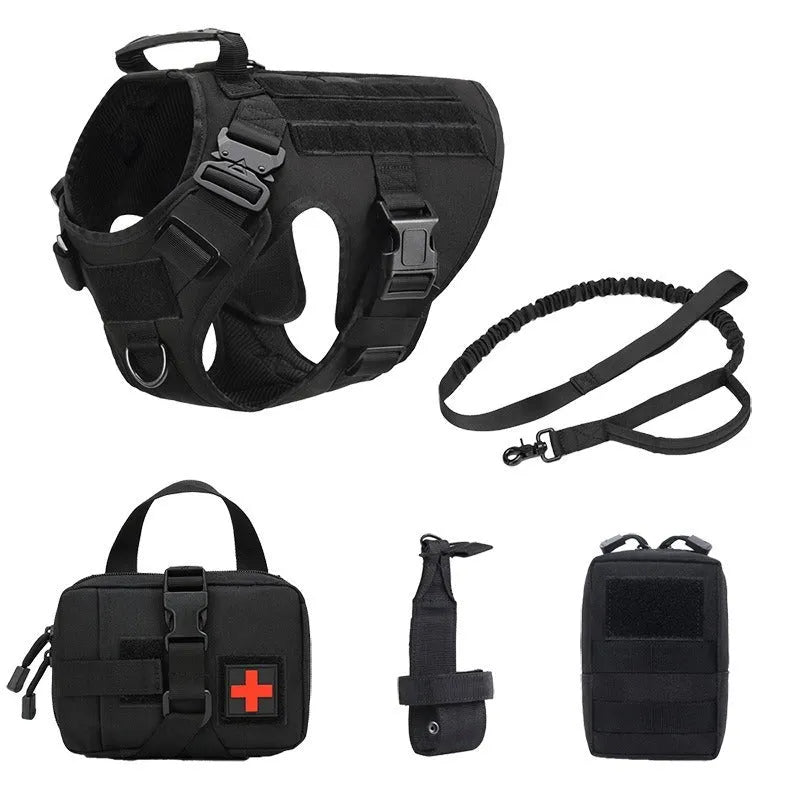 Outdoor Tactics five-piece training dog harness set in camouflage polyester material