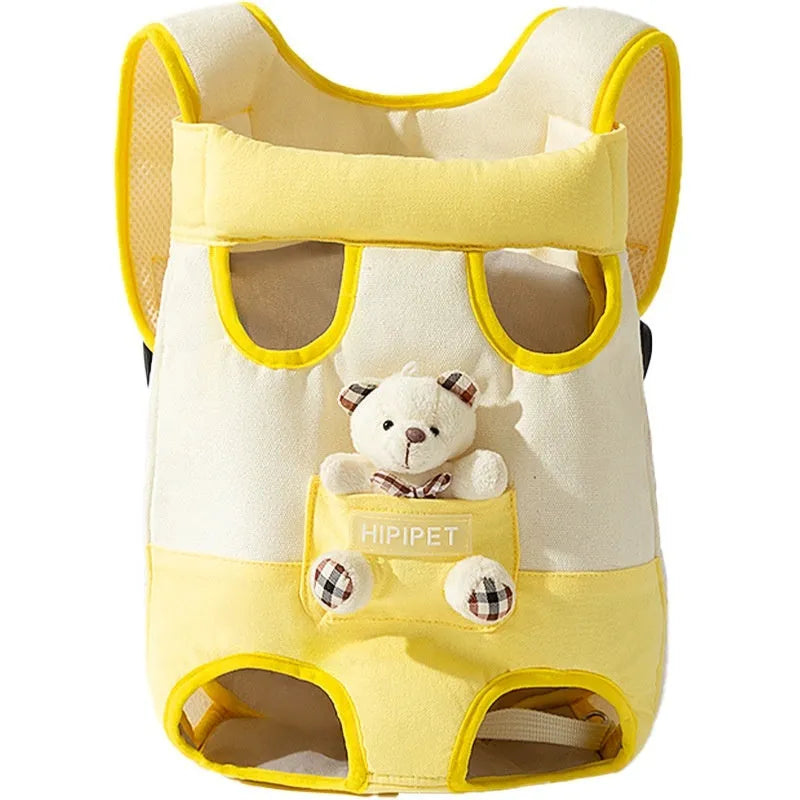 Cartoon cute chest bag pet carrier with animal pattern, soft canvas construction, and colourful stitching details