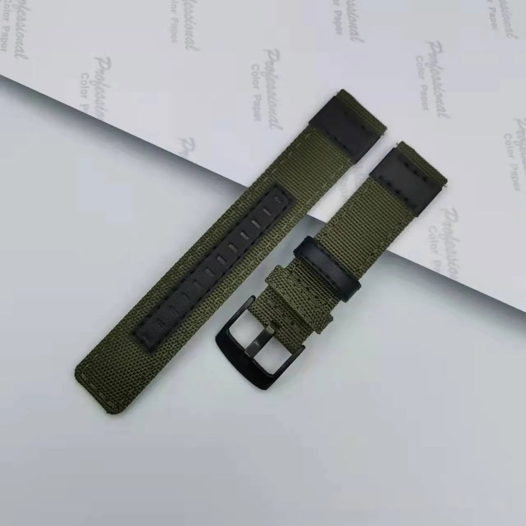 Oxford cloth canvas watch strap in camouflage colour, shown alongside black and blue options.