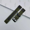 Oxford cloth canvas watch strap in camouflage colour, shown alongside black and blue options.