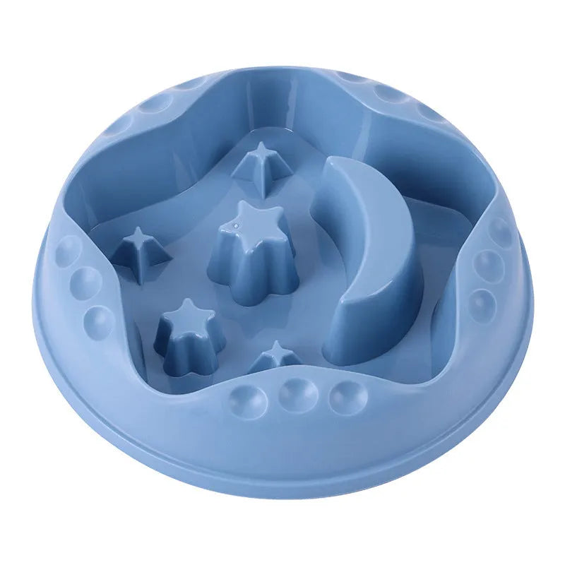 Blue star and wings design large plastic slow feeder dog bowl with maze pattern.