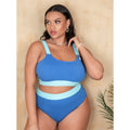 Women's high waisted polyester bikini swimsuit with split sides and intricate stitching details in solid colour