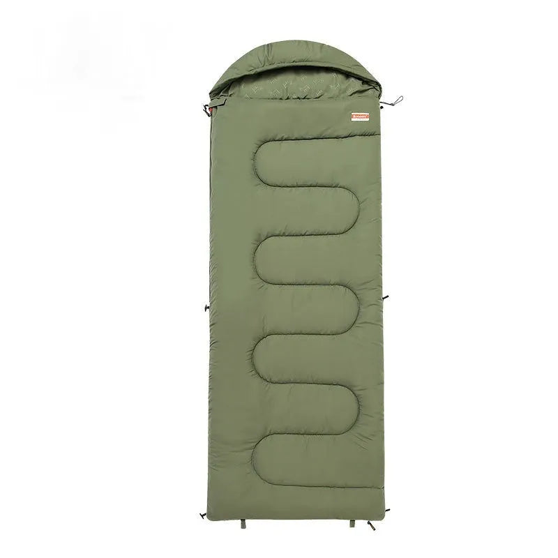 Cotton camping sleeping bag quilt shown in ochre and olive green colour options