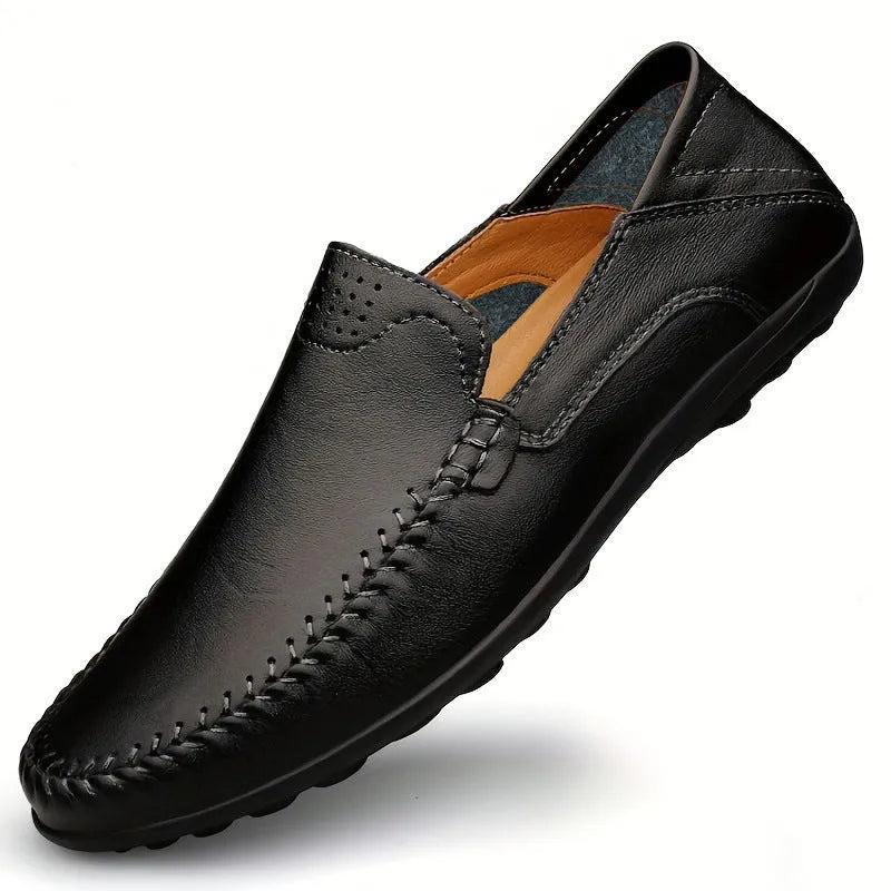 Men's brown cowhide leather shoes with round toe and flat rubber sole business casual design