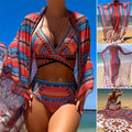 Women's three-piece swimsuit set showing sleeveless blouse, high-waisted briefs, and matching coat in picture colour