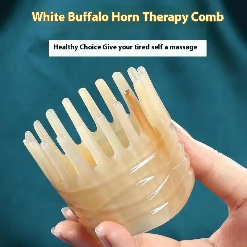 White buffalo horn comb with half-wide teeth and pointed tips for shampoo distribution and scalp massage