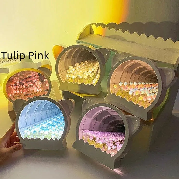 Handmade DIY cat head design night lamp with tulip flower sea pattern