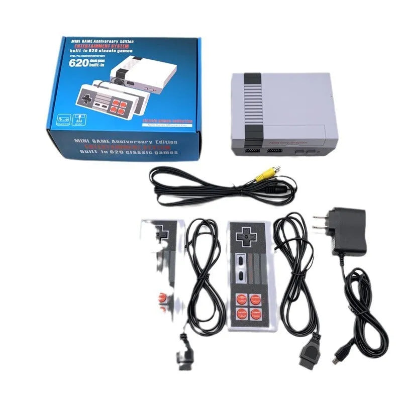 NES retro gaming console with two controllers, AV cable, and power supply on white background